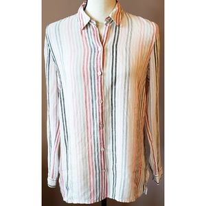 J. Jill Love Linen Essential Shirt White Gray Pink Stripe Red Button Down